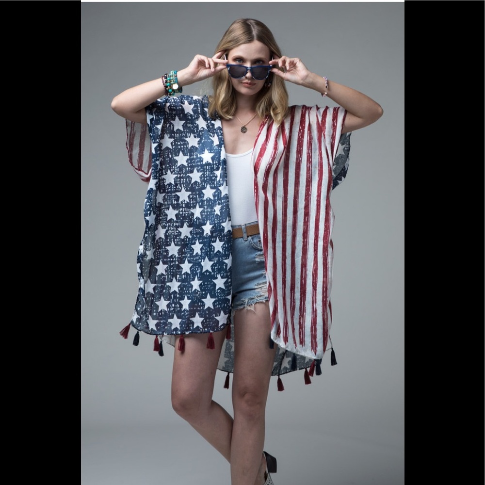 USA SPIRIT! Red/White/Blue Open Front Cardigan American Flag Kimono